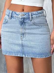 EURMUSE Petite Low Waist Light Wash Mini Denim Skirt - Light Wash - View 6