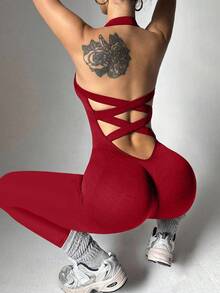 Dewbera Solid Color Halter Backless Criss-Cross Sleeveless Jumpsuit Red Yoga Jumpsuit - Burgundy - View 7