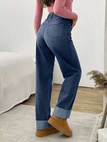 HIGH RISE STRAIGHT FOLDED UP HEM JEAN - Dark Wash - View 2