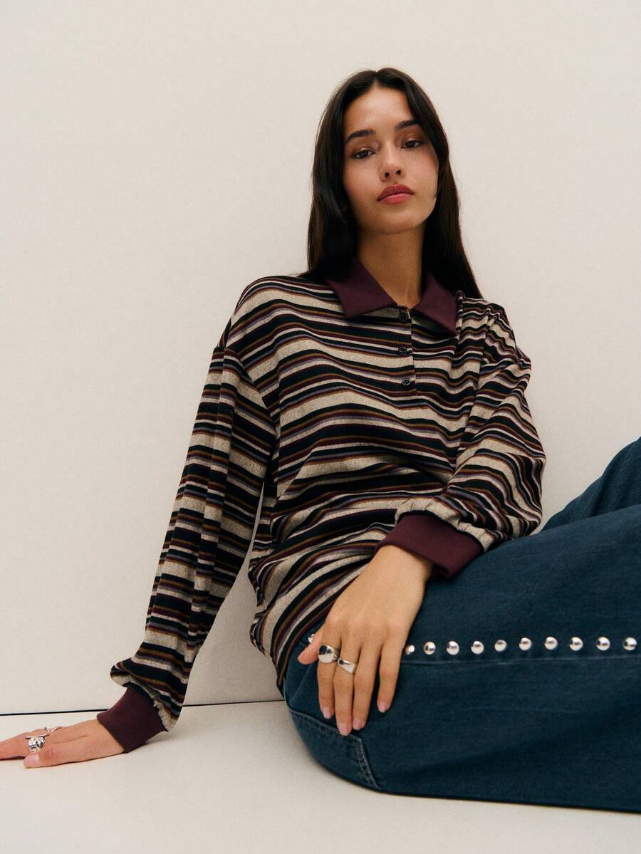 Nöista Long-Sleeve Striped Polo In A Soft Mid-Weight Knit With A Relaxed Preppy Feel, Offering A Versatile Layer That Pairs Easily With Jeans And Works Seamlessly For Women's Winter Outfits, Cozy Weekend Looks, Casual Seasonal Styling, Christmas Gatherings And Polished New Year Ensembles. - Multicolor - View 1