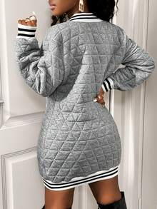 BamGleam Deep V-Neck Textured Padded Knit Striped Long Sleeve Fashionable Winter Mini Dress - Light Grey - View 2