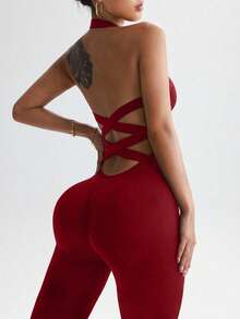 Dewbera Solid Color Halter Backless Criss-Cross Sleeveless Jumpsuit Red Yoga Jumpsuit - Burgundy - View 4