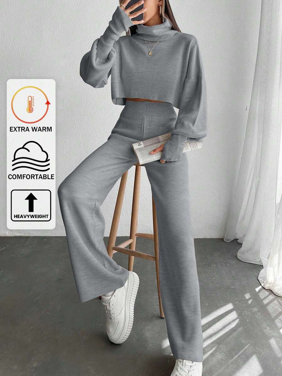 EURMUSE 2pcs/Set Elegant Turtleneck Puff Sleeve Pullover Sweater And Pants Co-Ord Suit,Petite,Winter Clothes - Light Grey - View 1