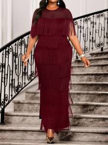 Fleurora 春夏秋冬优雅端庄派对婚礼情人节鸡尾酒会音乐会/音乐节黑色针织圆领飘逸撞色网眼流苏长款短袖大码连衣裙 - 酒紅色 - 查看 5