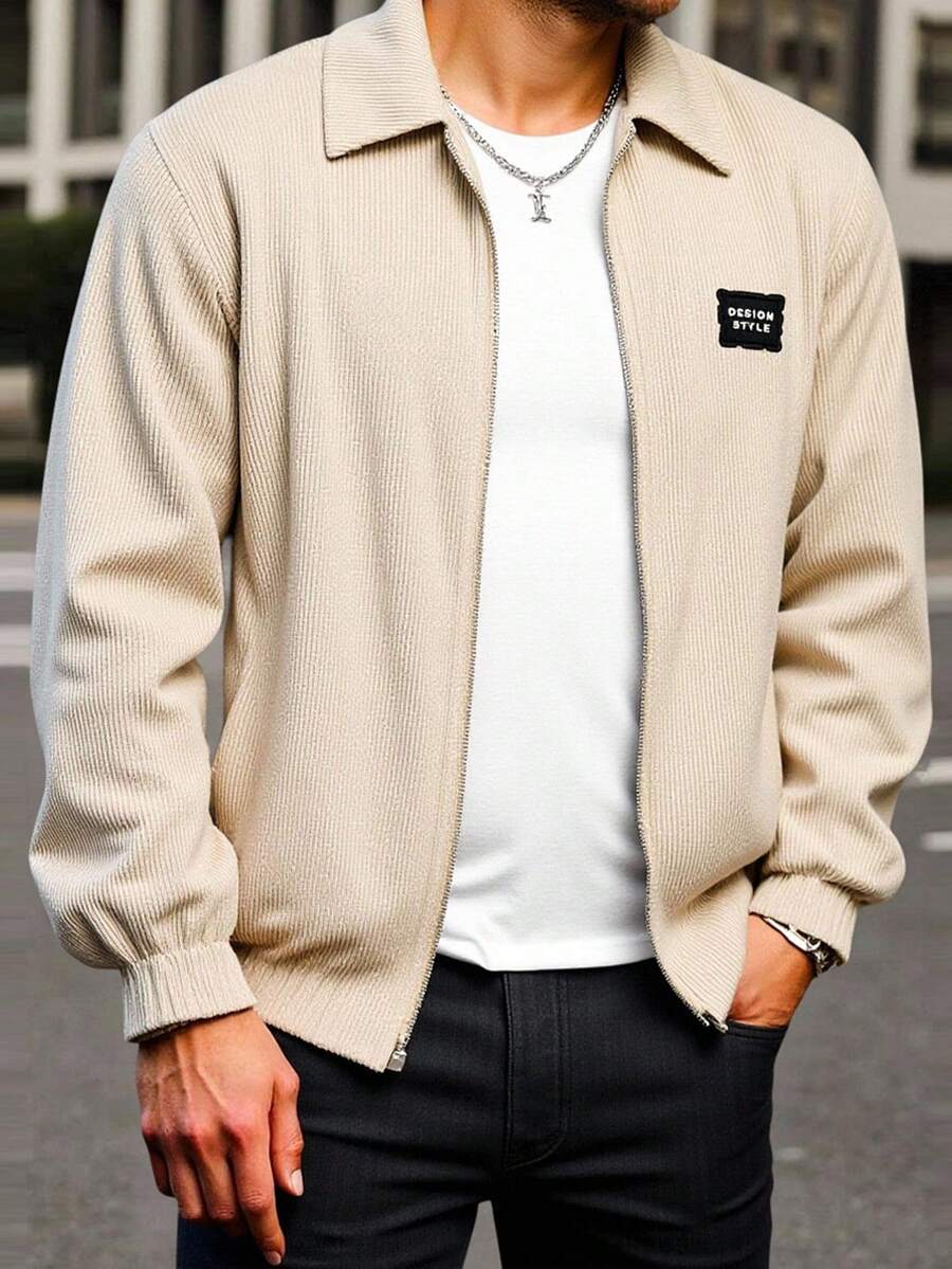 Manfinity CasualCool 男士拉链贴花夹克,灯芯绒米色拉链夹克,秋季 - 卡其色 - 查看 1