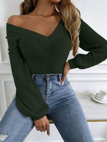 Chiquease Casual Solid Color Textured Lantern Sleeve T-Shirt, Autumn - Army Green - View 5