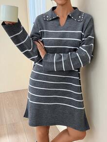 EURMUSE Casual Beaded & Rhinestone Striped Knit Dress, Autumn/Winter - Multicolor - View 6