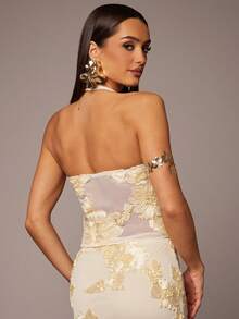 Silquee 女式优雅提花拼接透视网眼露背挂脖修身上衣，夏季 - 杏色 - 查看 2