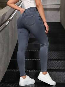 SHEIN Cottnline Women's Slim Fit Mid-Waist Casual Fashionable Denim Jeans - Baby Blue - View 2