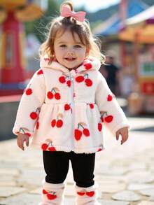 2 pièces/Set Nouveau Bébé Fille Hiver 2025 Cardigan à capuche zippé avec imprimé cerise en fausse fourrure et Top moelleux & Pantalon de couleur unie décontracté - Multicolore - Voir 3