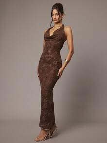 Silquee 畅销性感针织连衣裙，带有花卉串珠设计，优雅的紧身 V 领长裙，时尚网眼露背连衣裙，适合情人节约会、与朋友聚会、海滩度假、春夏连衣裙 - 卡其色 - 查看 6