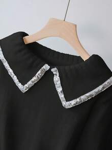 Franclia Women's Elegant Commuter Minimalist Fashion Sequin & Sequins Patchwork Turndown Collar Raglan Sleeve Fitted Knit Sweater