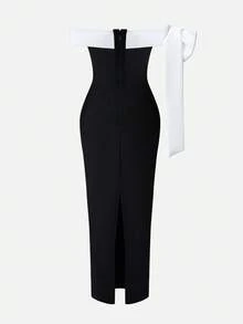 Nuvra 优雅端庄的黑白针织绷带紧身开衩中长连衣裙 - 黑與白 - 查看 2