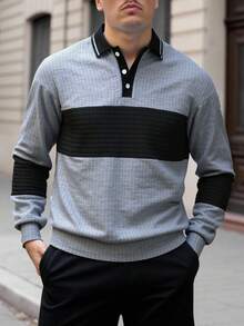 Manfinity Homme Men's Casual Contrast Color Button Half-Zip Pullover Sweatshirt, Long Sleeve Top - Grey - View 6