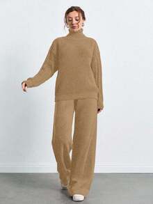 SHEIN Tall 高領落肩袖毛衣褲套裝，女款套裝，小碼套裝，套裝，小碼，冬季衣物，高個子女性 - 米色 - 查看 4