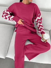 EURMUSE 2件套女士休闲宽松长袖毛衣和裤子套装 - 玫紅色 - 查看 6