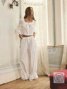 Aralina 圣诞感恩节睡衣女装两件套，包括一件长袖荷叶边蕾丝细节纽扣上衣（可系带）和一条宽松长裤，配套睡衣，可爱睡衣，冬季服装 - 白色 - 查看 2