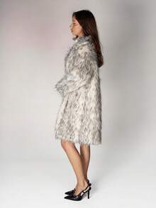 SHEIN ICON Women's Fluffy Animal Print Lapel Long Sleeve Loose Fashionable Long Faux Fur Coat Autumn Winter Clothes For Women - Black and White - View 5
