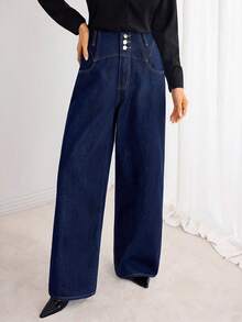 Elenzga 女式蓝色直筒高腰休闲百搭时尚牛仔裤 - 藍色 - 查看 6