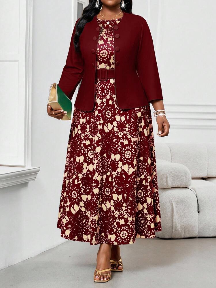 SHEIN Lady 2025 New 2pcs Plus Size Women's Business Abstract Wavy Print Simple Round Neck Belted Holiday Midi Dress Set Going Out Outfits Burgundy Two Pieces Outfits New Year Outfit Christmas Clothes  Women's Winter Clothes Stylish Clothing Collection - Burgundy - View 5