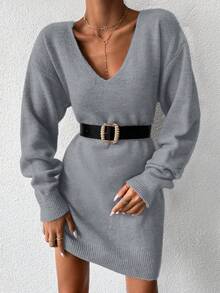 EURMUSE Women's Solid V-Neck Drop Shoulder Ribbed Knit Sweater Dress - Grey - View 6