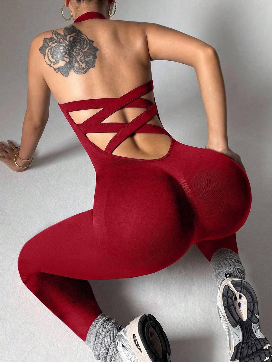 Dewbera Solid Color Halter Backless Criss-Cross Sleeveless Jumpsuit Red Yoga Jumpsuit - Burgundy - View 1