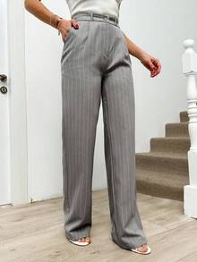 EURMUSE Striped Print Pleated Dress Pants - Light Grey - View 3