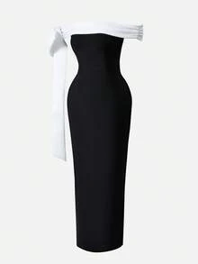 Nuvra 优雅端庄的黑白针织绷带紧身开衩中长连衣裙 - 黑與白 - 查看 6