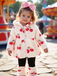 2 pièces/Set Nouveau Bébé Fille Hiver 2025 Cardigan à capuche zippé avec imprimé cerise en fausse fourrure et Top moelleux & Pantalon de couleur unie décontracté - Multicolore - Voir 4