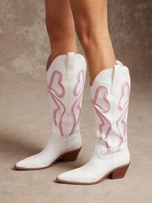 SHUZIA New Versatile Women's Pink White Bow Faux Leather Pu Pointed Western Style Chic Cowboy Boots Chunky Heel Slip-On Rodeo Dance Holiday Fall Winter Shoe - White - View 4