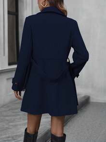 EMERY ROSE 女式休闲日常纯色双排扣大衣，秋季 - 藏蓝色 - 查看 2