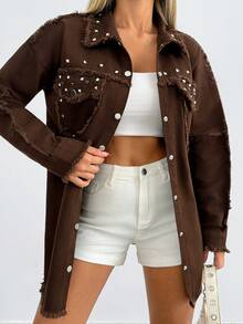 Cottnline 100%Cotton Studded Detail Flap Pocket Raw Trim Denim Coat - Brown - View 3
