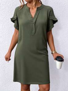EURMUSE Plus Size Solid Color Notched Neck Casual Versatile Short Sleeve Dress - Army Green - View 1