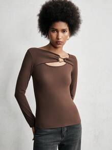 Lumivelle Women's Fashionable Front Button Decor Fitted Long Sleeve T-Shirt, Autumn - Brown - View 3