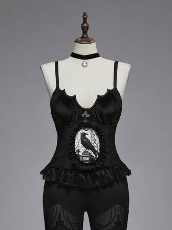 EDITION Canotta gotica da donna taglie forti con stampa di corvo, rami spogli e pizzo, colletto a pipistrello floccato