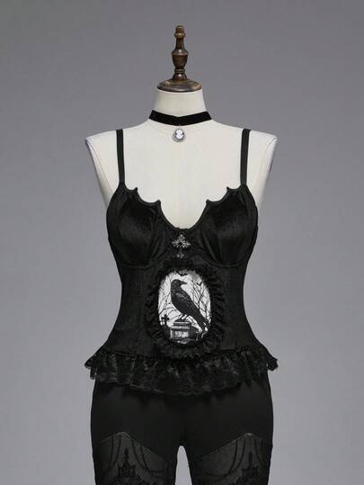 EDITION Plus Size Women Gothic Dark Castle Raven Bare Branch Print Lace Patchwork Bat Collar Flocked Camisole