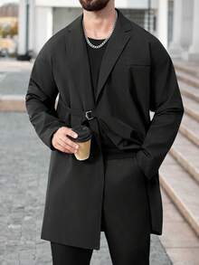 Manfinity CasualCool Áo khoác trench coat trơn màu thường ngày cho nam, màu đen, phong cách Old Money, mùa thu - màu đen - Xem 1