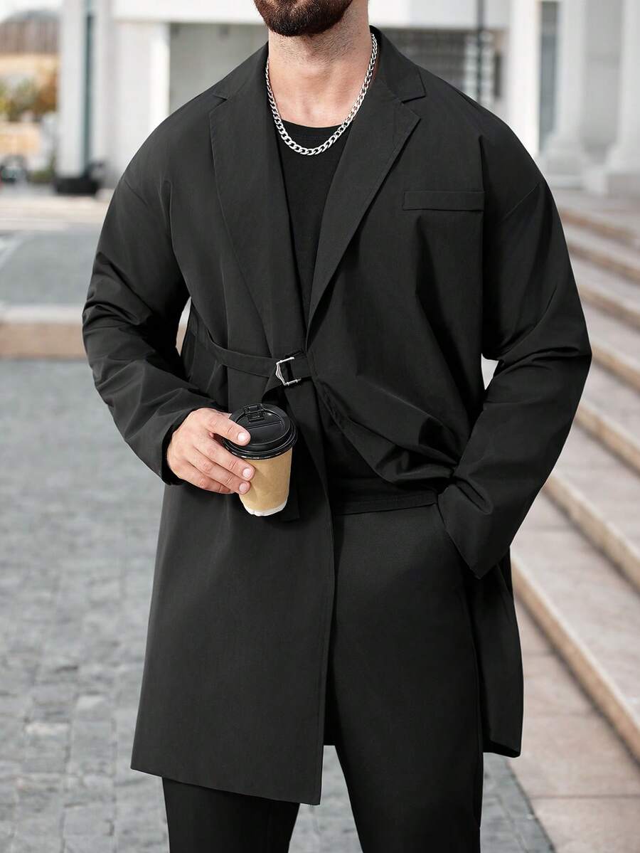 Manfinity CasualCool Áo khoác trench coat trơn màu thường ngày cho nam, màu đen, phong cách Old Money, mùa thu - màu đen - Xem 1