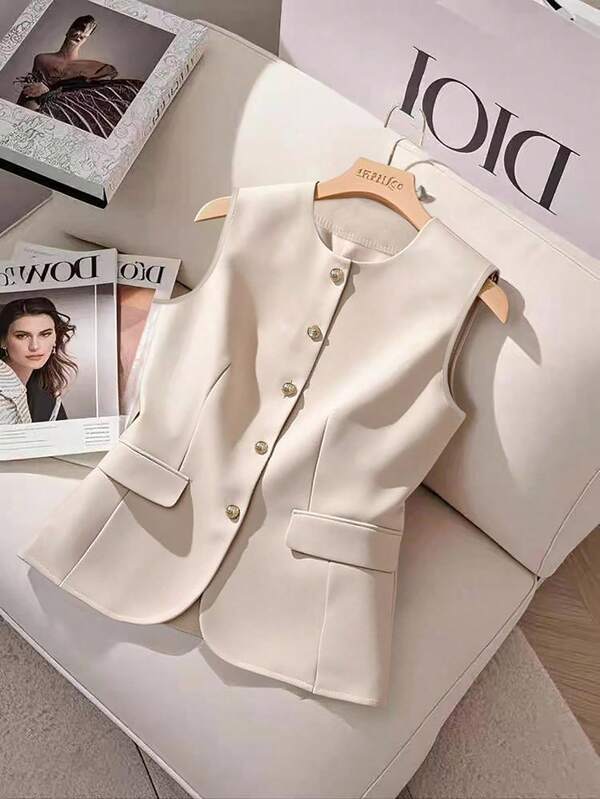 GlowEve 1 pieza Blusa elegante de botones con parte delantera sólida y sin mangas, para verano