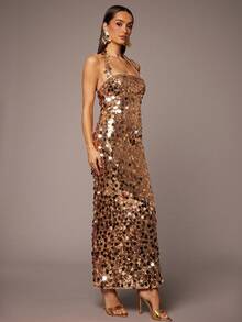 Silquee 亮片拼布修身露背优雅无袖连衣裙 - 金色 - 查看 5