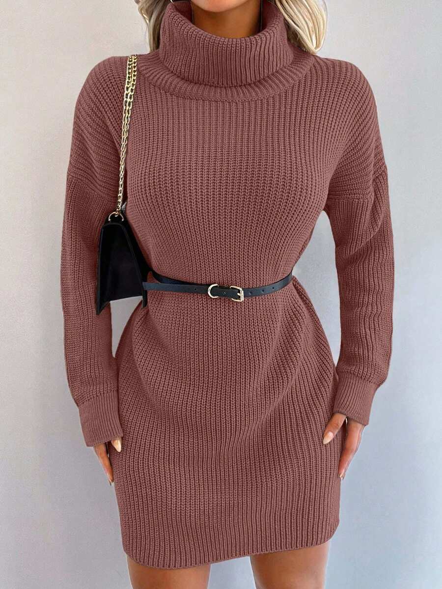 SHEIN Cottnline 女式休闲简约高领长袖毛衣裙 - 藕粉色 - 查看 1