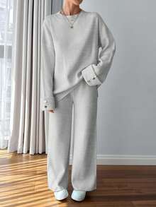 EURMUSE Women Button Detailed Sweater And Pant Set - Light Grey - View 5