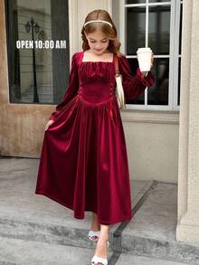 SHEIN Tween Girl 优雅纯色勃艮第方领喇叭袖系带腰部褶皱胸围复古中长连衣裙，适合圣诞节毕业礼服，秋冬优雅复古，适合派对、圣诞节、新年舞会 - 酒紅色 - 查看 14