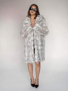 SHEIN ICON Women's Fluffy Animal Print Lapel Long Sleeve Loose Fashionable Long Faux Fur Coat Autumn Winter Clothes For Women - Black and White - View 6