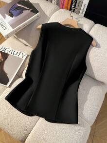 GlowEve Chaleco camisa de mujer de un solo pecho, cuello redondo, de unicolor, para uso casual o laboral - Negro - Ver 2