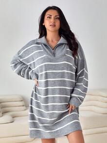 EURMUSE Plus Size Striped Pattern Zipper Detail Drop Shoulder Casual Sweater Dress - Light Grey - View 3