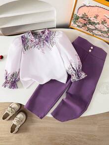 Sparklyn Young Girl Floral Print Shirt And Pants 2-Piece Set Fall Winter