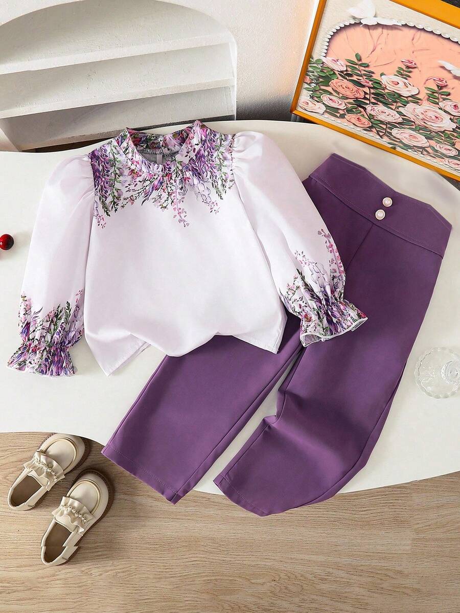 Sparklyn Young Girl Floral Print Shirt And Pants 2-Piece Set Fall Winter
