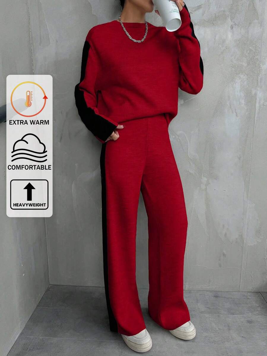 EURMUSE 2pcs/Set Contrast Color Casual Loose Long Sleeve Top And Pants Women Sweater Co-Ords,Petite,Winter Clothes - Red - View 1