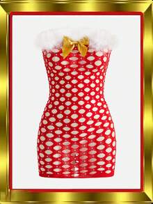 Fantasy Costume Sequin Bowknot Hollow Out Seamless Tube Top, Fluffy Trim, Romantic & Unique Christmas Gifts For Adults, Bodycon Skirt, Suitable For Party, Music Festival, Bar, Women's Lingerie Costume